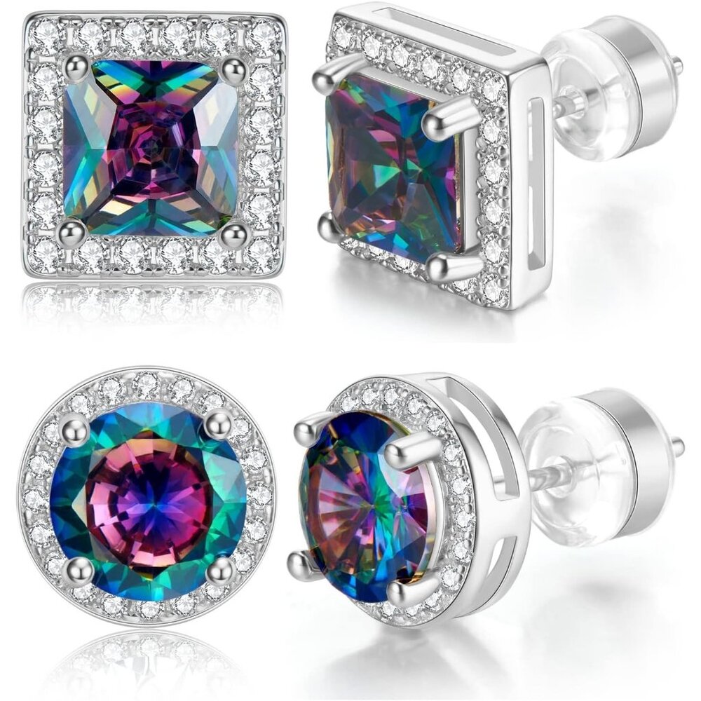 Women Sterling Silver Post Gold Plated Round Princess Cut 2 Pairs